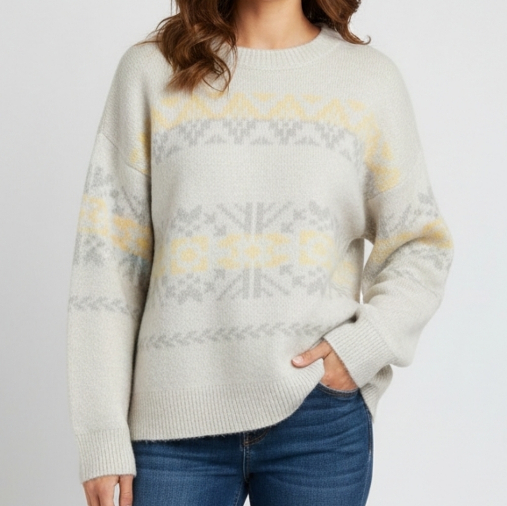 Lucky Brand Sweater XL Cream/Gray/Yellow Crewneck Fuzzy